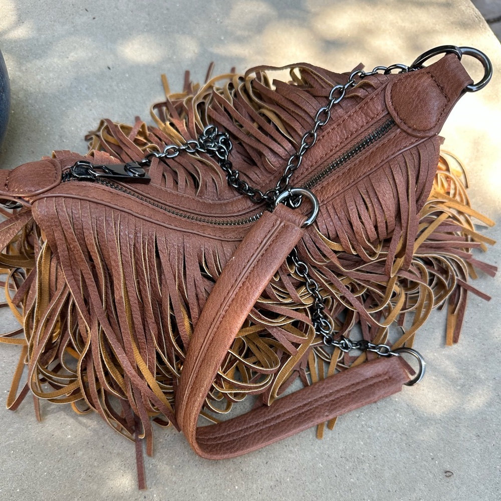 Steve Madden Brown Fringe Crossbody Bag with Chain Strap - Picture 6 of 8